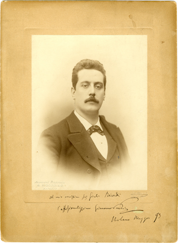 Giacomo Puccini, photograph by Achille Ferrario with dedication to Giulio Ricordi, 1893  Archivio Storico Ricordi